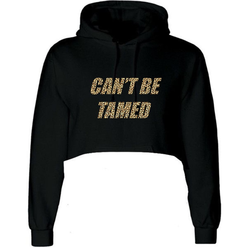 CAN'T BE TAMED W/ CHEETAH TEXT [WOMEN'S CROP HOODIE SWEATSHIRT]