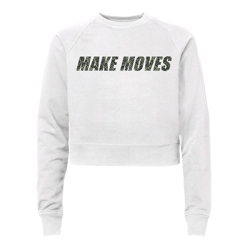 MAKE MOVES W/ SNAKESKIN TEXT [WOMEN'S RAGLAN CROP CREWNECK SWEATSHIRT]