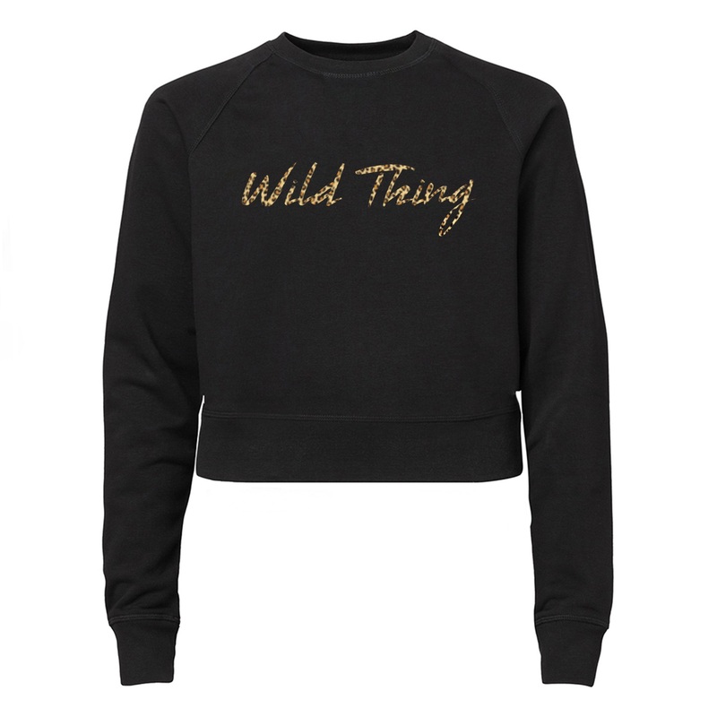 WILD THING W/ CHEETAH TEXT [WOMEN'S RAGLAN CROP CREWNECK SWEATSHIRT]