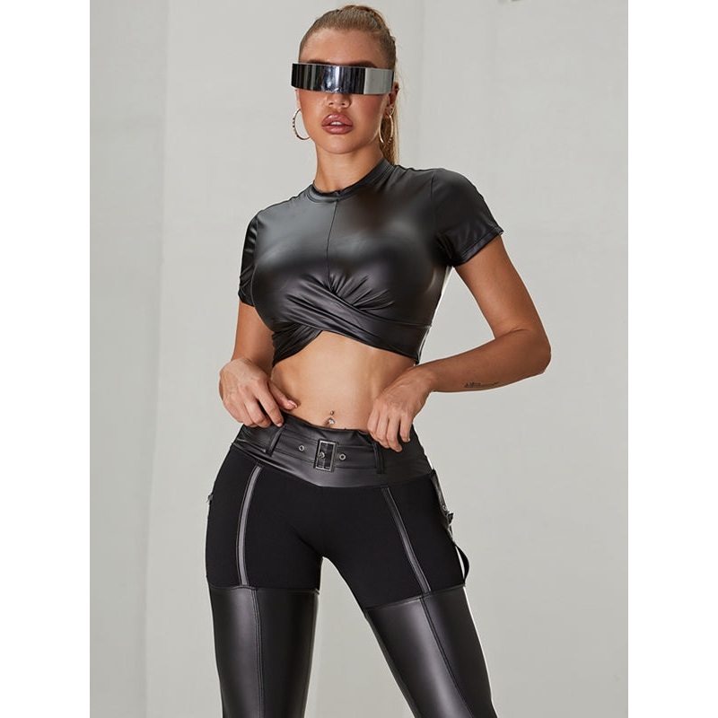 ZASUWA Female PU Glossy Cross Twist Tracksuit