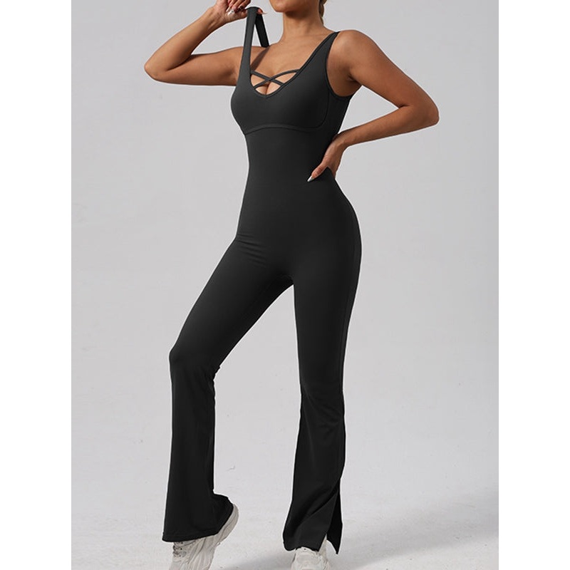 ZASUWA Female Sexy Cross Collar Backless Flare Split Jumpsuit