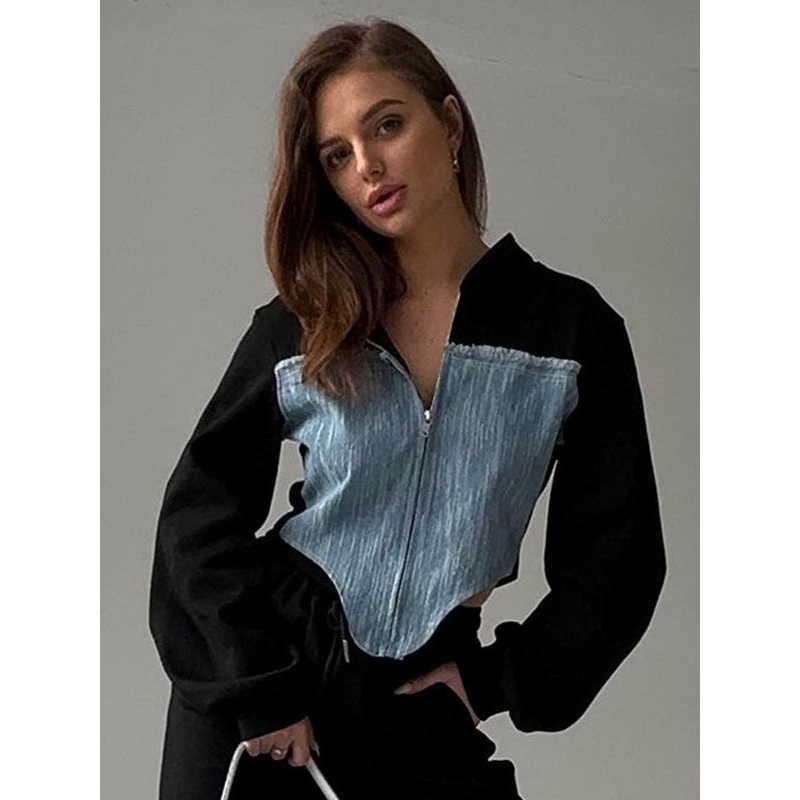 ZASUWA Female Contrast Color Denim Zipper Hoodie