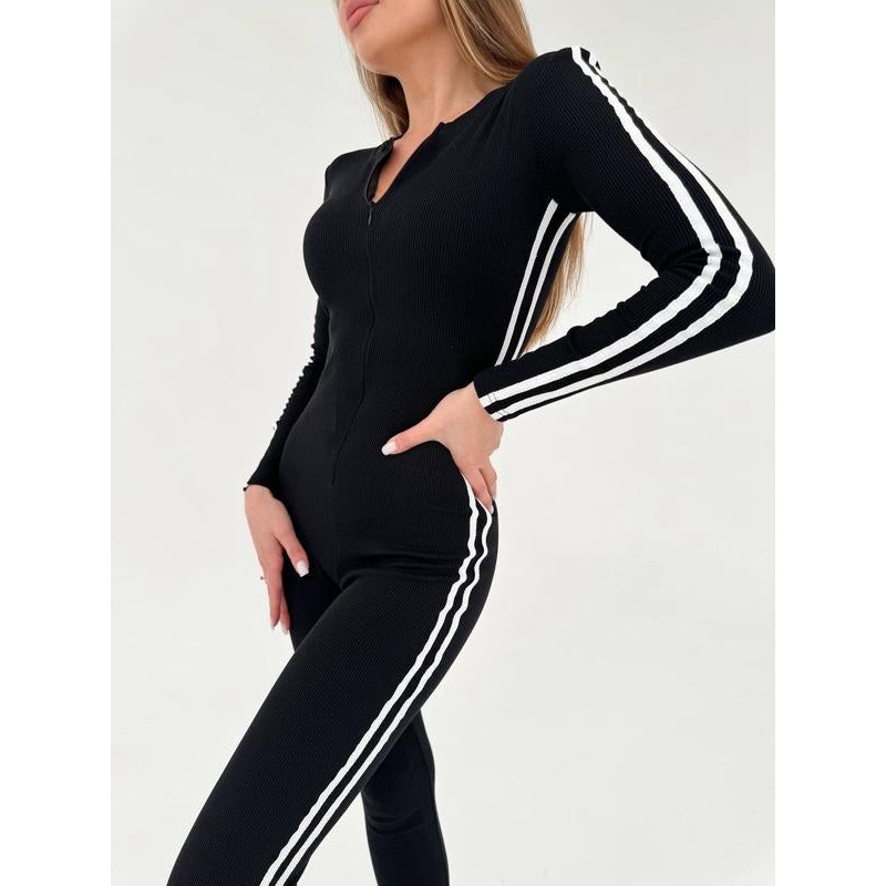 ZASUWA Female Contrast Color Stripes Zipper Jumpsuit