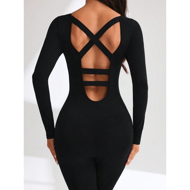 ZASUWA Female Cross Back Hollow Out Long Sleeves Jumpsuit