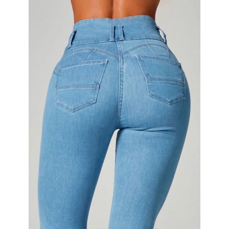 ZASUWA Female Denim Buttons Hip-lift High-waisted Leggings