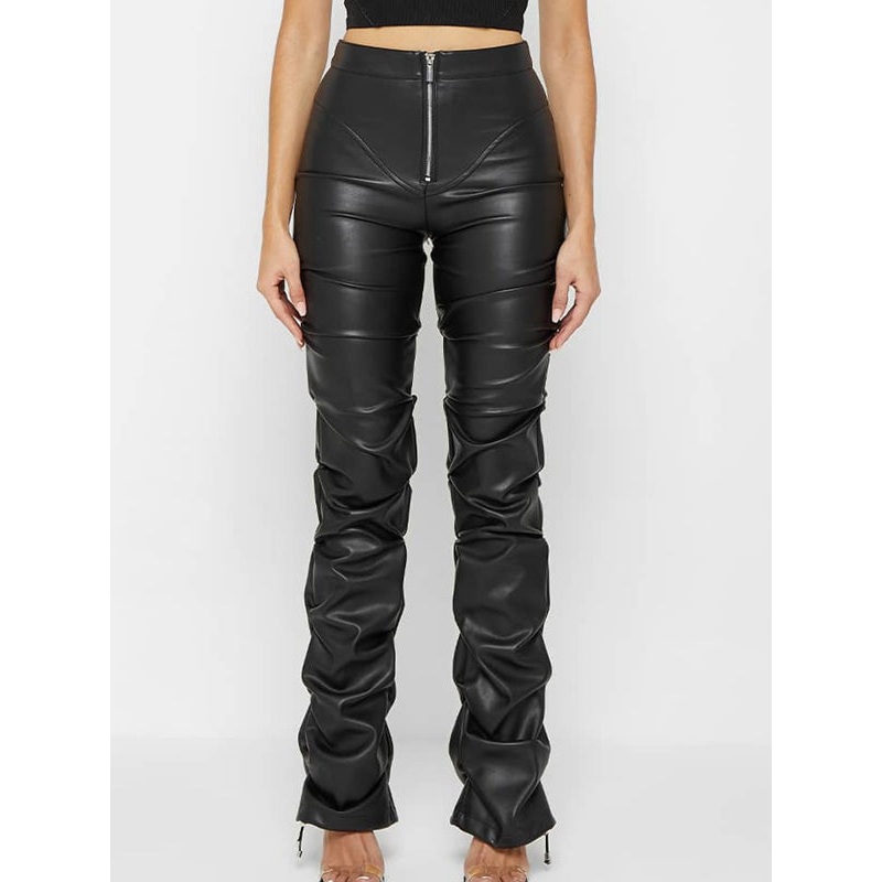ZASUWA Female Faux Leather Folds Zipper Fashion Leggings