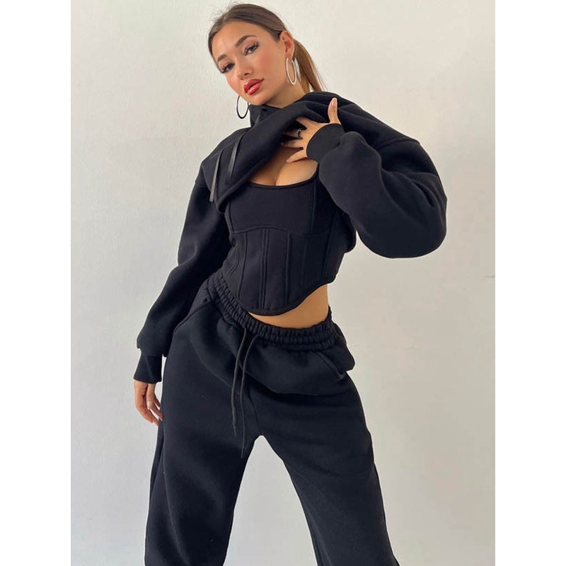ZASUWA Female Pocket Lace-up Corset Casual 3-Pieces Tracksuit
