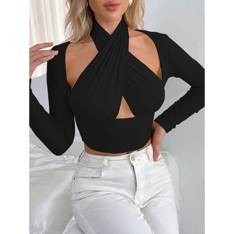 ZASUWA Female Sexy Hollow Out Halter Splicing Long Sleeves