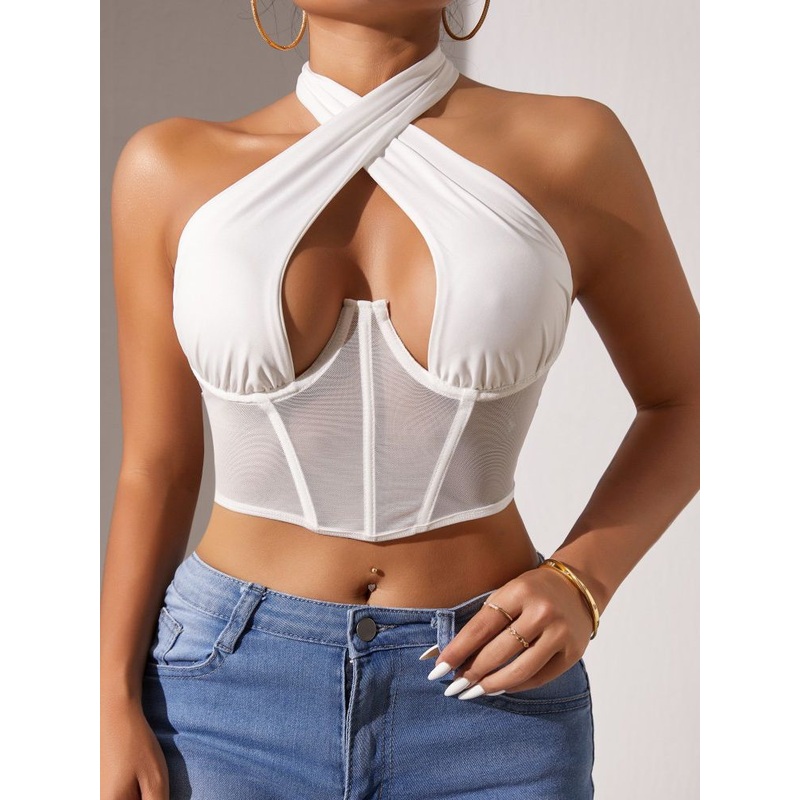 ZASUWA Female Sexy Mesh Hollow Out Halter Lace-up Tanks