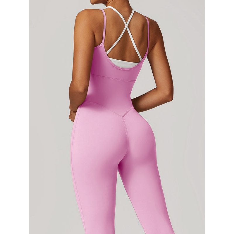 ZASUWA Female Contrast Color U Collar Cross Back Jumpsuits