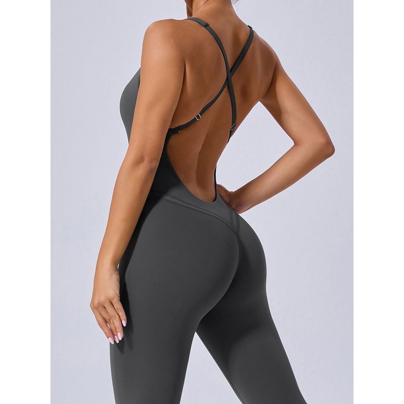 ZASUWA Female Cross Back Backless Adjustable Strap Elastic Tight Jumpsuit