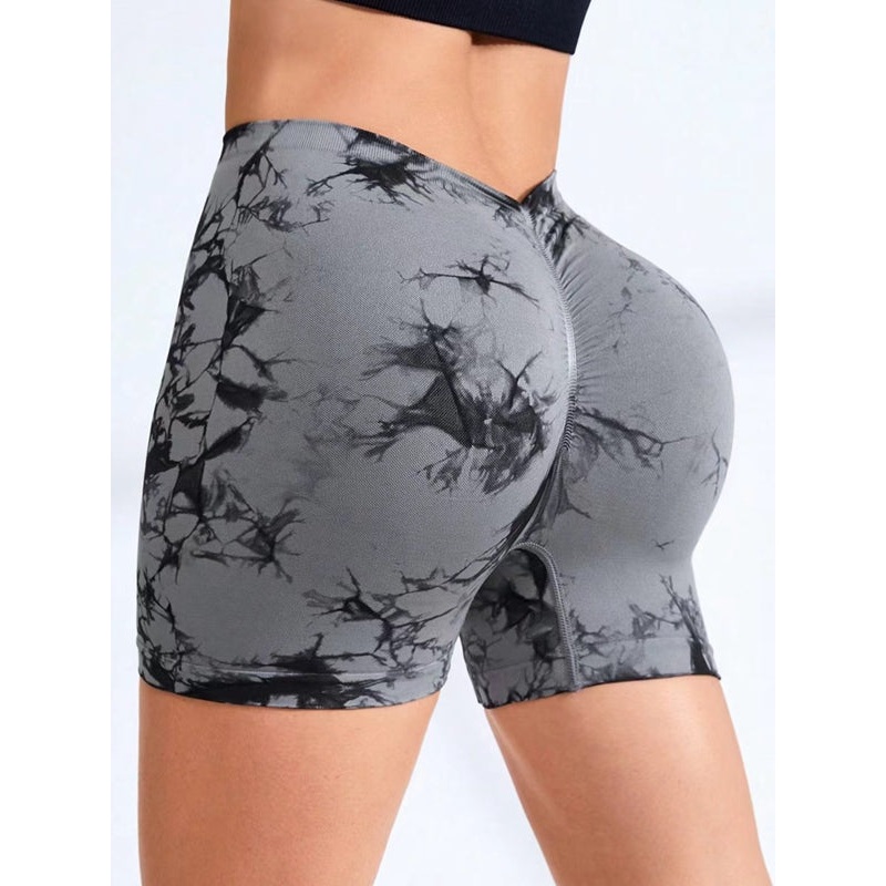ZASUWA Female Hot Tie-dye Deep V Back Scrunch Bum Spandex Gym Booty Shorts
