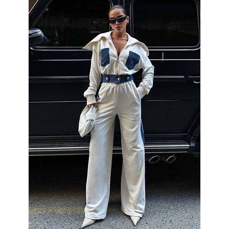 ZASUWA Female Sexy Denim Contrast Color Pocket Casual Tracksuit