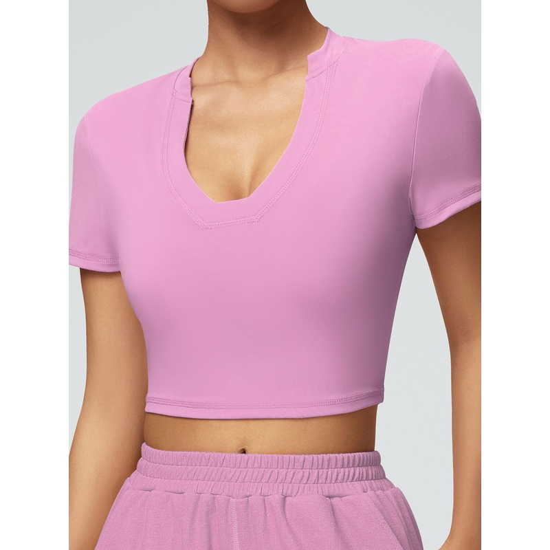 ZASUWA Female Solid Color V-neck Quick Dry Elastic Tight Short Sleeves
