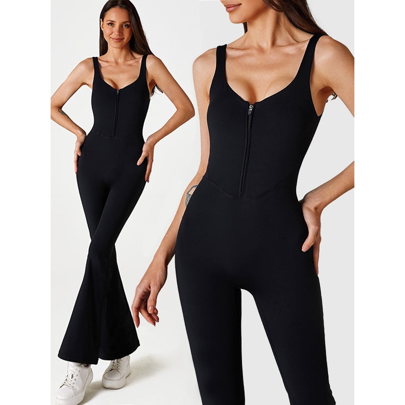 ZASUWA Female Solid Color Zipper Flare Seamless Jumpsuit