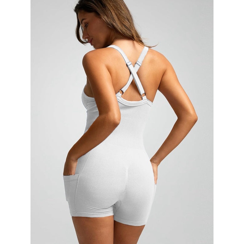 ZASUWA Female Ribbed Pocket Cross Back Scrunch Bum Seamless Romper