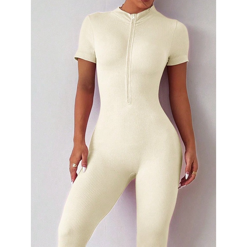ZASUWA Female Ribbed Zipper Short Sleeves Jumpsuit