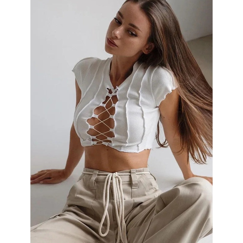 ZASUWA Female Sexy Hollow Out Drawstring Lace-up Short Sleeves