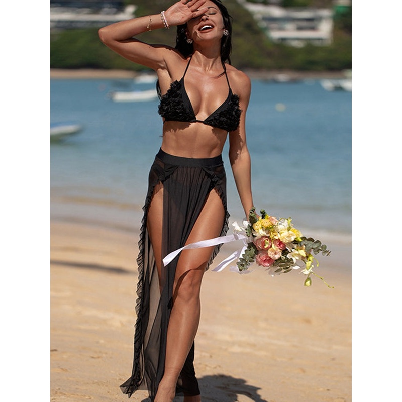 ZASUWA Female Sexy Sheer Mesh 3 Pieces Bikini Set