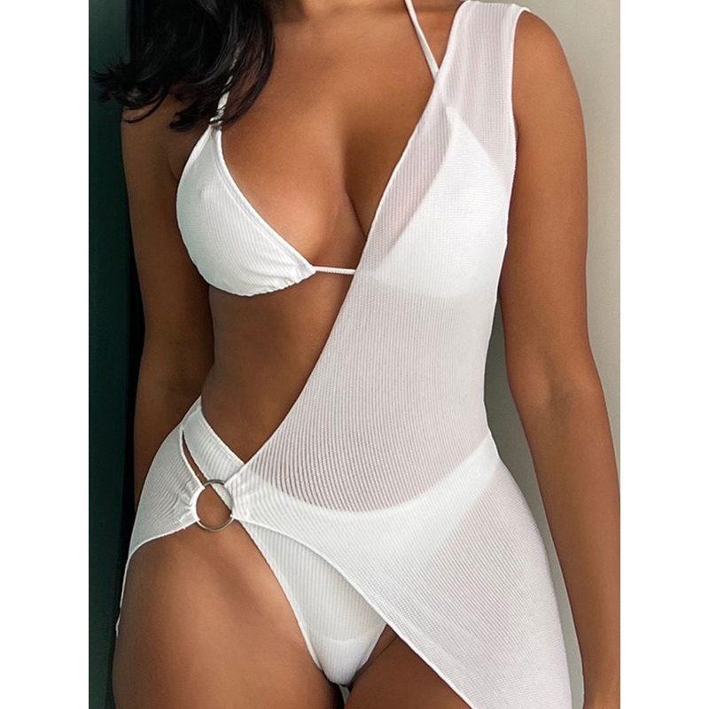 ZASUWA Female Solid Color Backless Mesh 3-piece Bikini Set