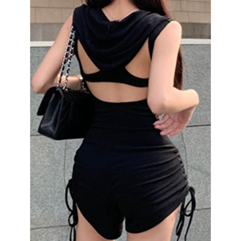 ZASUWA Female Hollow Out Drawstring Hooded Romper