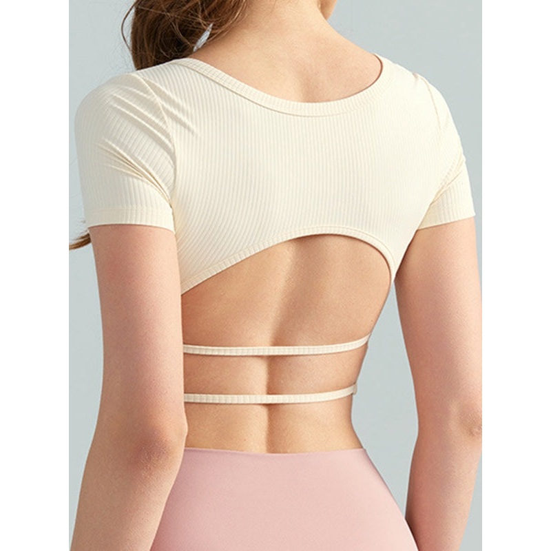 ZASUWA Female Sexy Backless Ribbed Cropped Short Sleeves
