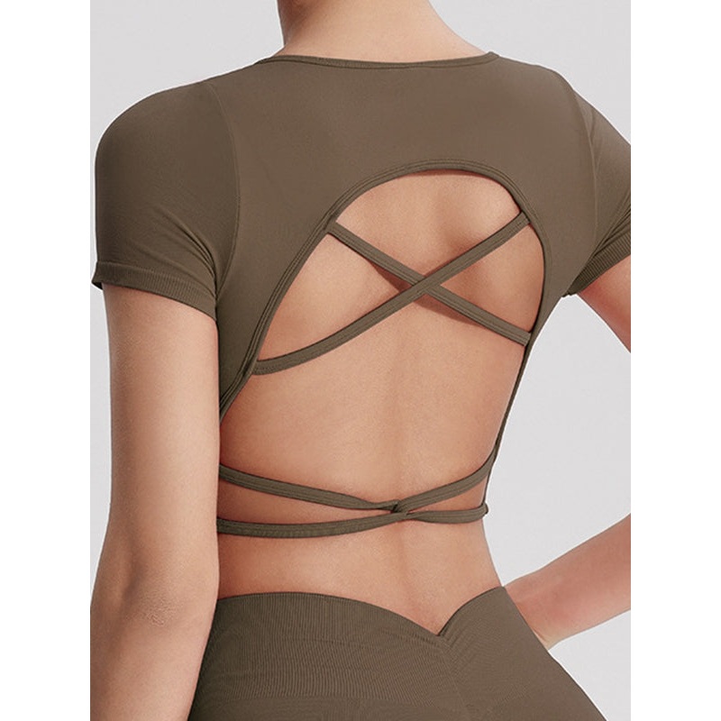 ZASUWA Female Sexy Cross Back Cropped Short Sleeves