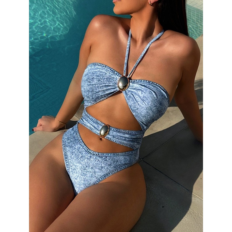 ZASUWA Female Sexy Denim Hollow Out Halter Lace-up Backless One Piece