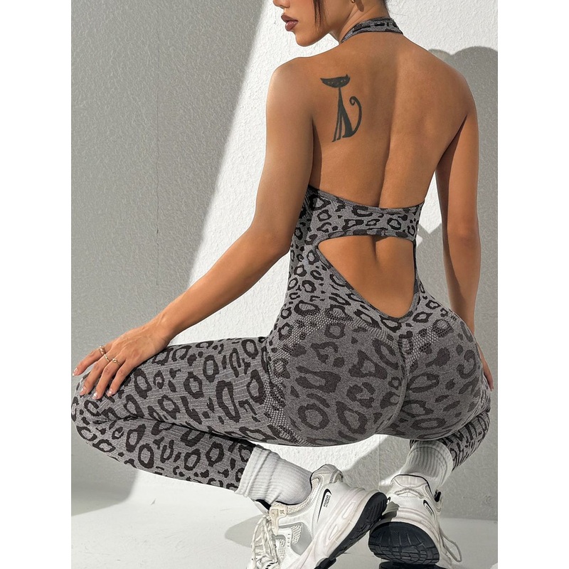 ZASUWA Female Sexy Fashion Leopard Print Hollow Out Backless Jumpsuit