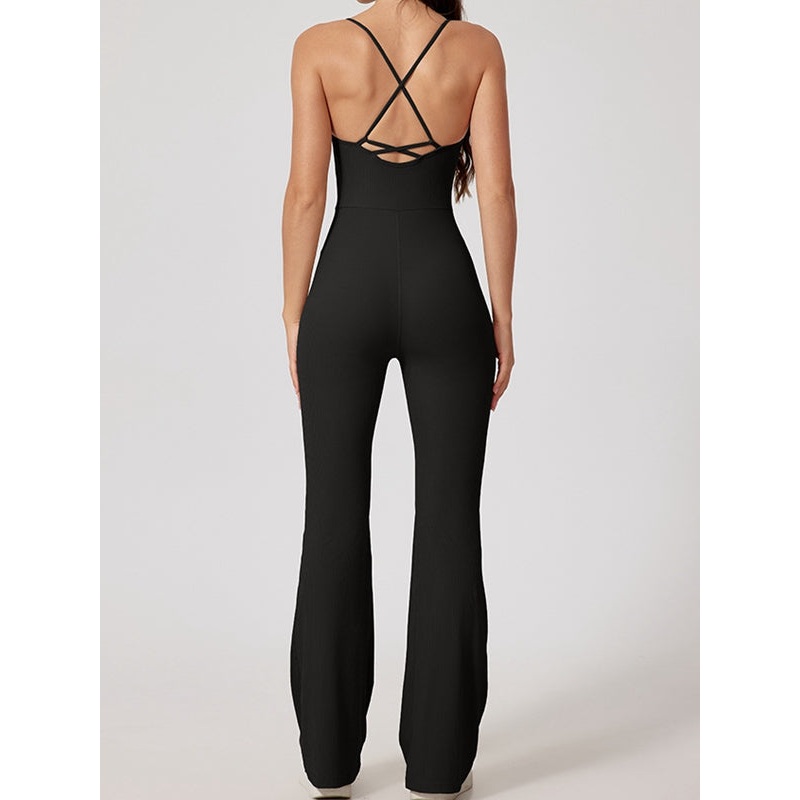 ZASUWA Female Sexy Ribbed Cross Back Flare Jumpsuit