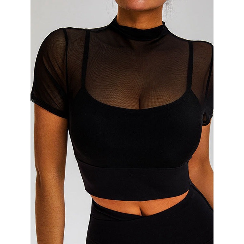 ZASUWA Female Sexy Sheer Mesh Cropped Short Sleeves