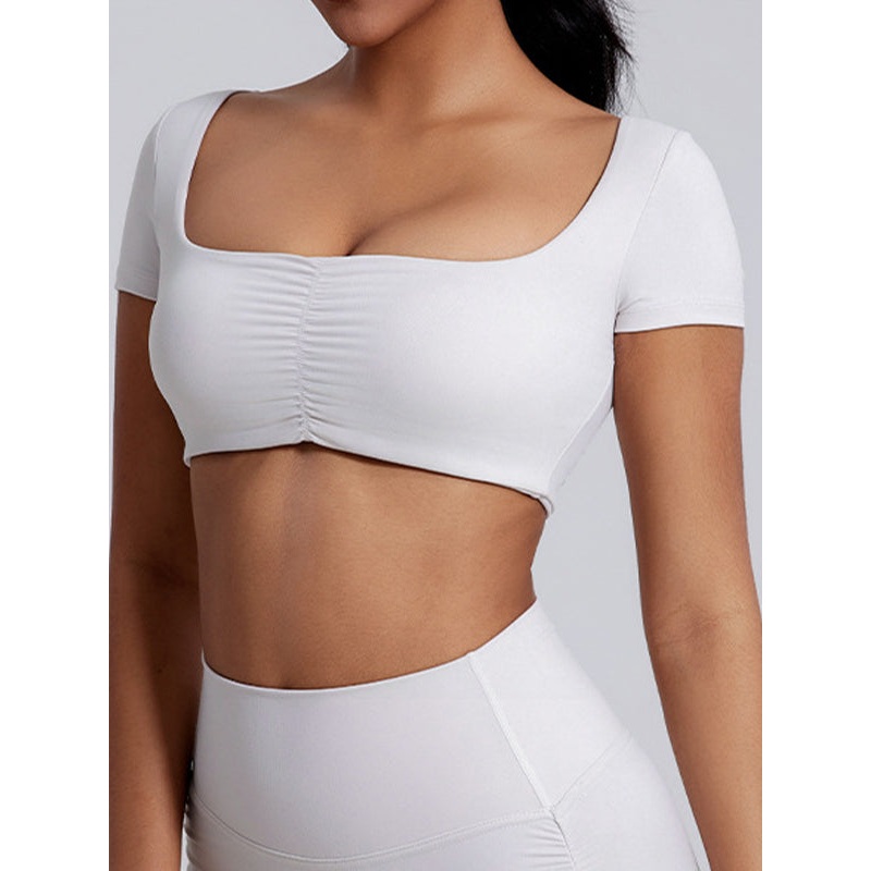 ZASUWA Female Sexy Solid Color U Collar Folds Quick Dry Short Sleeves
