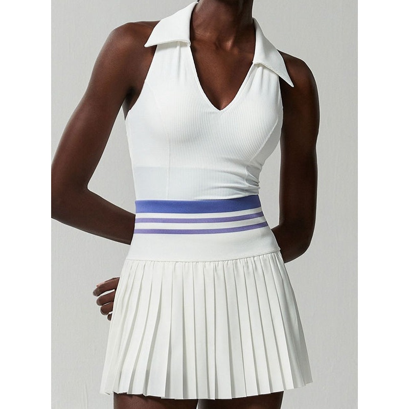 ZASUWA Female V-Collar Pleated 2 In 1 Tennis Skirts Suit