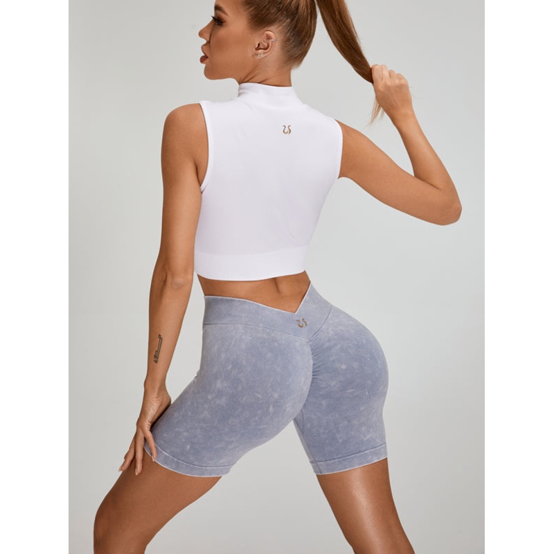 ZASUWA Female Deep V Back Faux Denim Scrunch Bum Ribbed Zipper Short Tacksuit