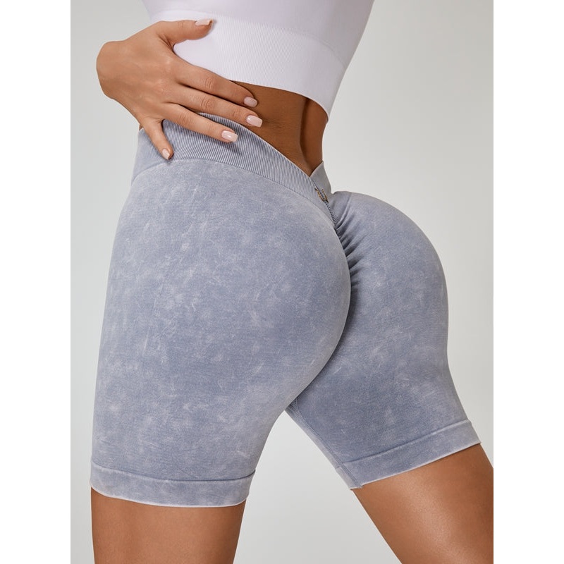 ZASUWA Female Deep V Back Faux Denim Scrunch Bum Spandex Gym Booty Shorts