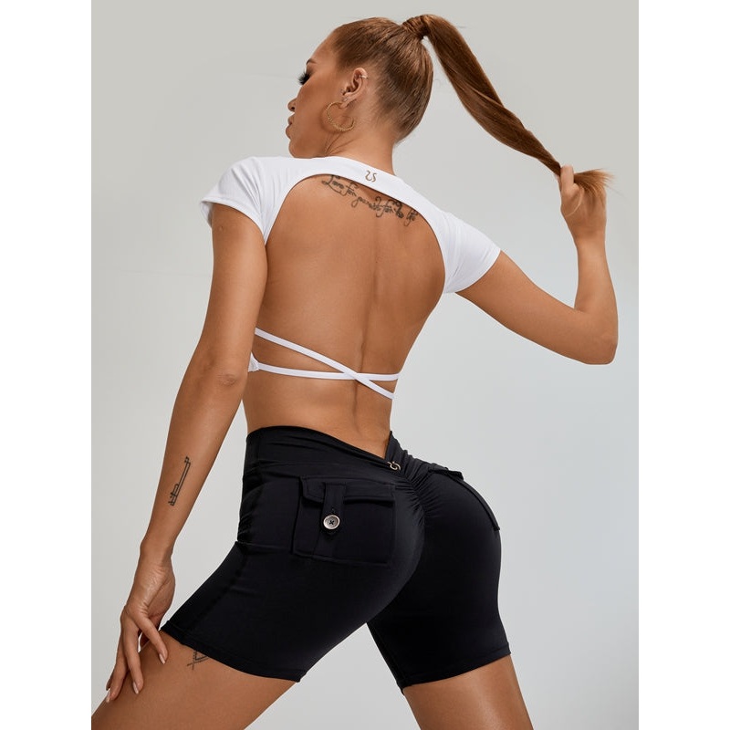 ZASUWA Female Deep V Back Pocket Scrunch Bum Cross Back Backless Short Tracksuit