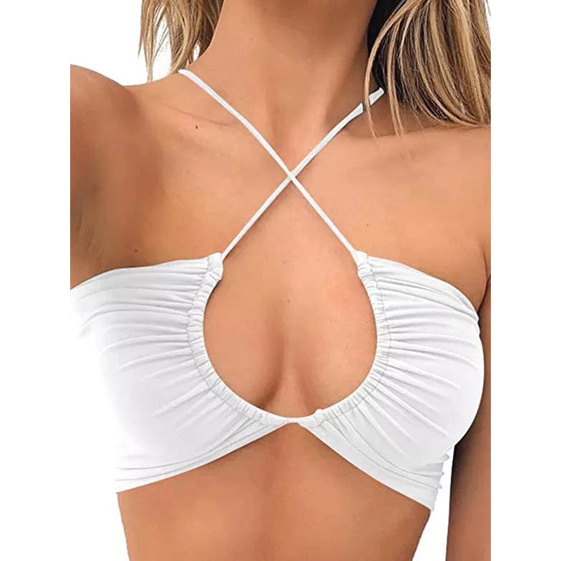 ZASUWA Female Halter Folds Cross Back Pleated Backless Sports Bras