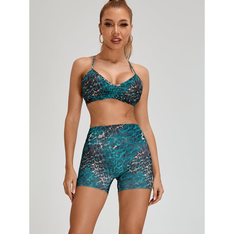 ZASUWA Female Leopard Print Scrunch Bum Cross Back Short Tracksuit