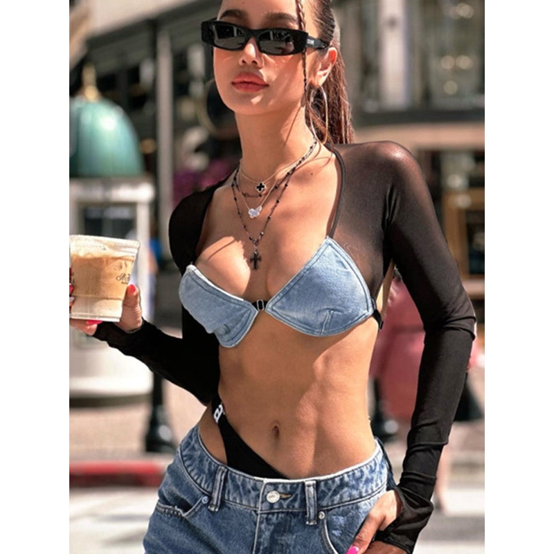 ZASUWA Female Sheer Mesh Denim Backless Long Sleeves