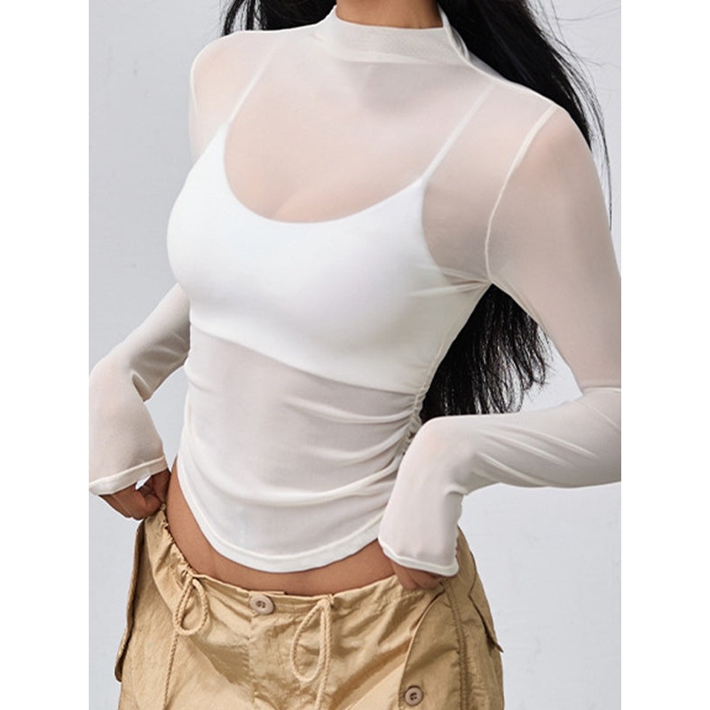 ZASUWA Female Solid Color Sheer Mesh Long Sleeves