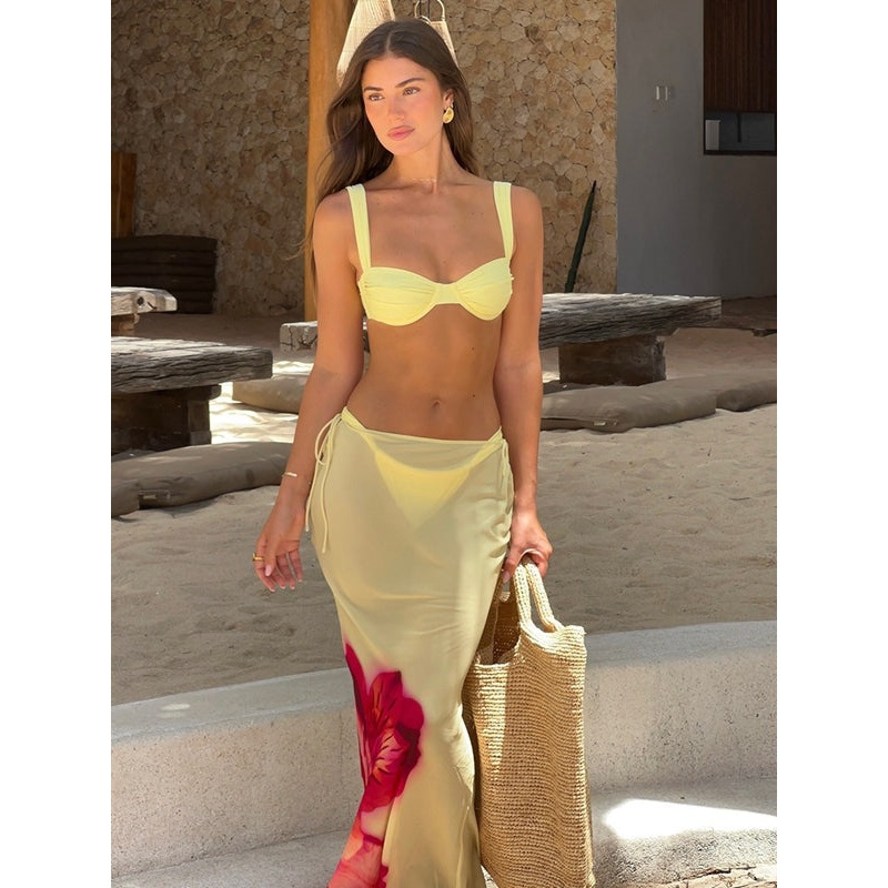 ZASUWA Female Flower Print Sheer Mesh 3-Pieces Bikini Set