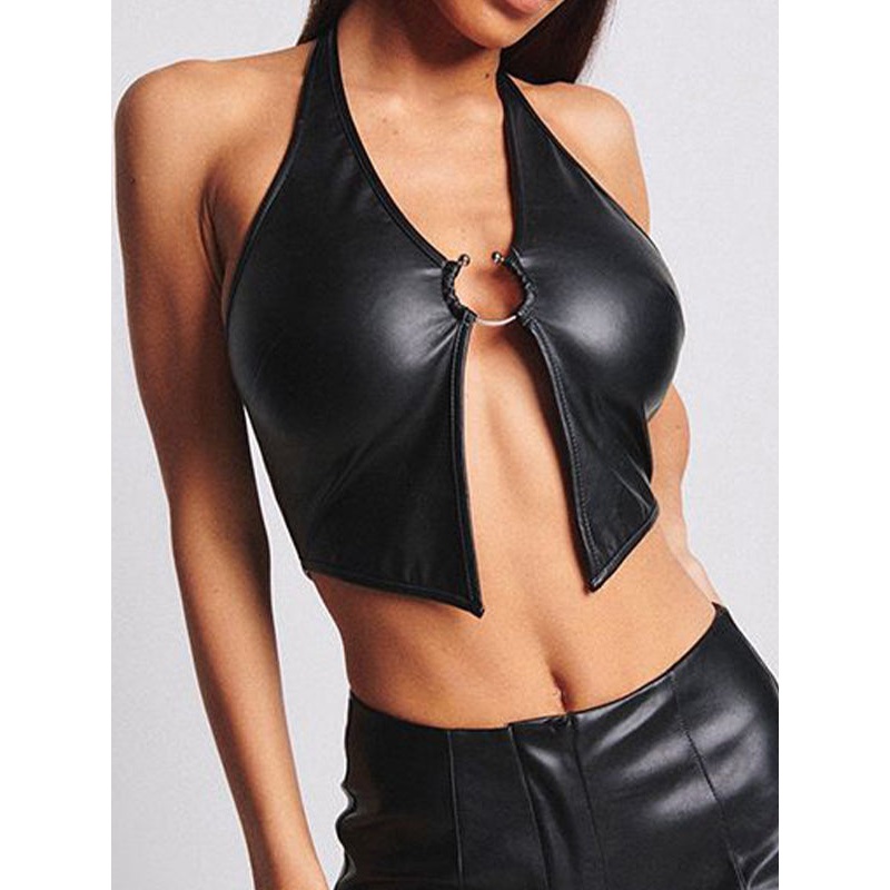 ZASUWA Female Halter Faux Leather Backless with Metal Ring Hollow Out Corset Tank
