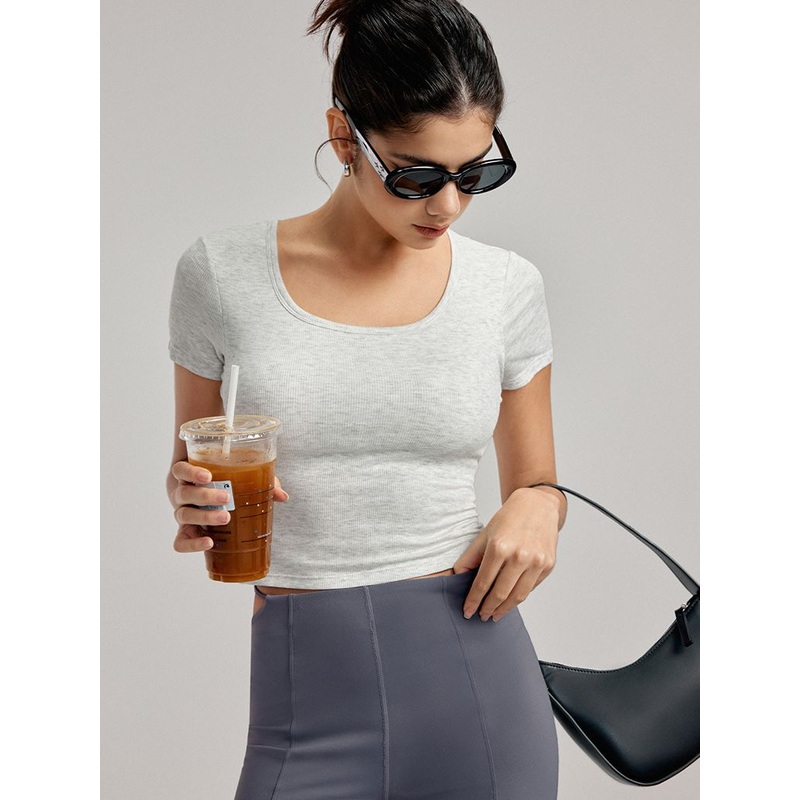 ZASUWA Female Hollow Out Backless U Collar Ribbed Short Sleeves