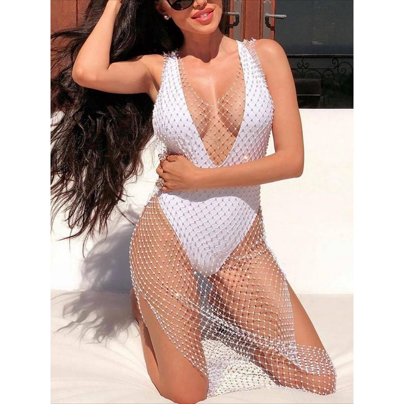 ZASUWA Female Sexy Fishnet Diamond Beach Dress Without Bikini Set