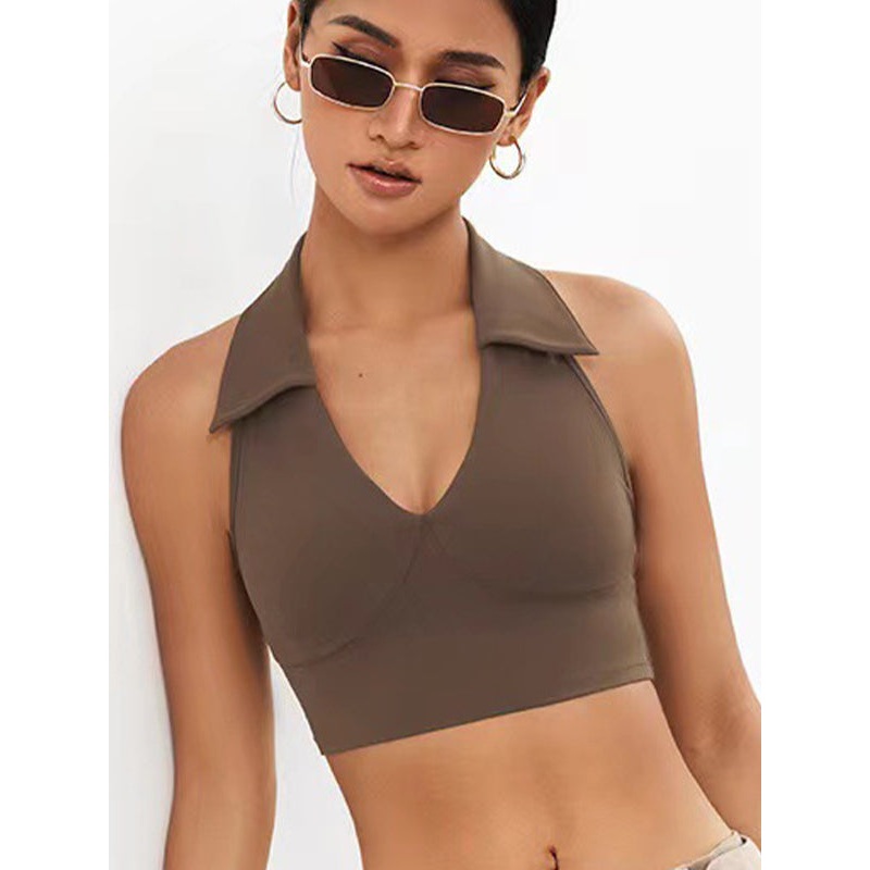 ZASUWA Female Solid Color Stand Up Collar Deep V Halter Backless Quick Dry Tank