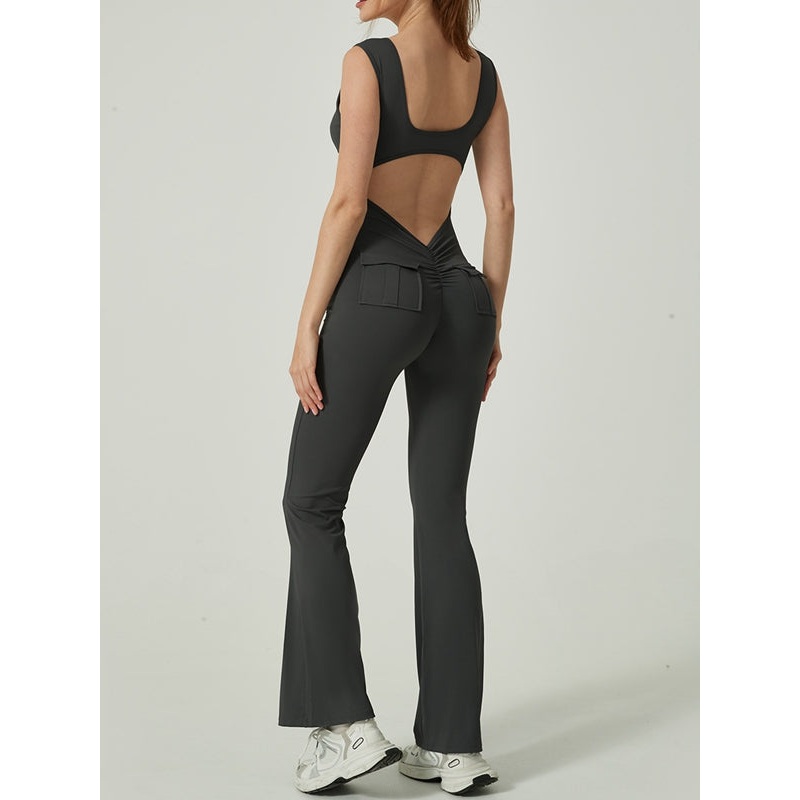ZASUWA Female V Collar Backless Pocket Flare Jumpsuit