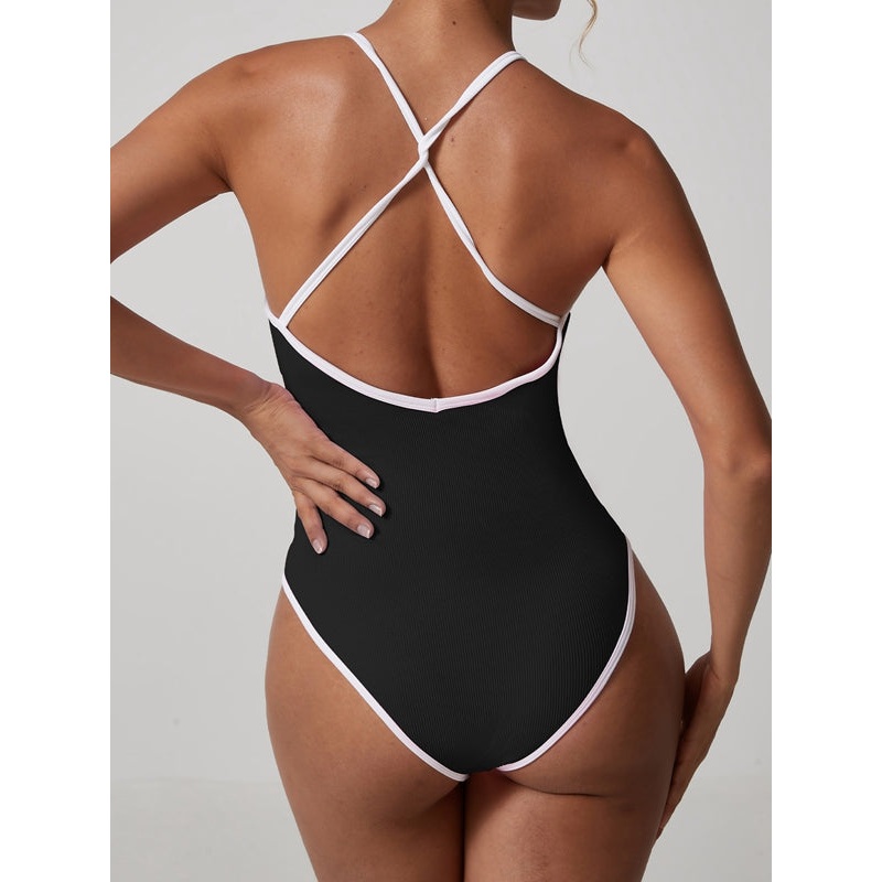 ZASUWA Female V Collar Cross Back Contrast Color Stripes Bodysuit