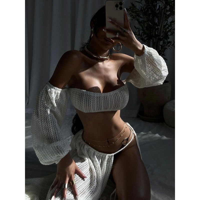 ZASUWA Female Fishnet Hollow Out Tassel Cover-up Dress Without Bikini Set