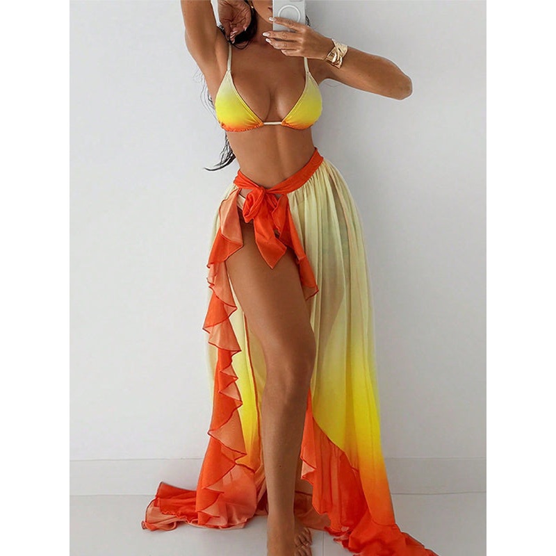 ZASUWA Female Gradient Contrast Color Flounce Mesh 3-Pieces Bikini Set