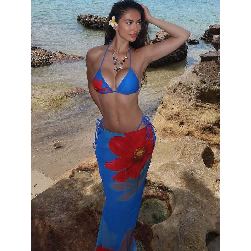 ZASUWA Female Halter Flower Print Mesh 3-Pieces Bikini Set